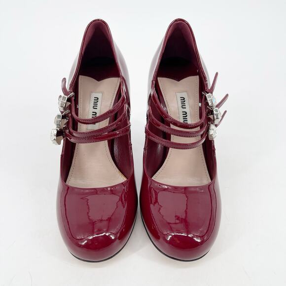 Miu Miu Burgundy Patent Leather Crystal Strap Mary Jane Block Heel Pump IT 36 - Picture 5 of 13